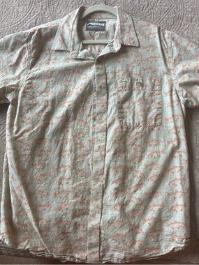 Mountain Khakis Men’s Short-Sleeve Fish Print Shirt - Light Green with Orange